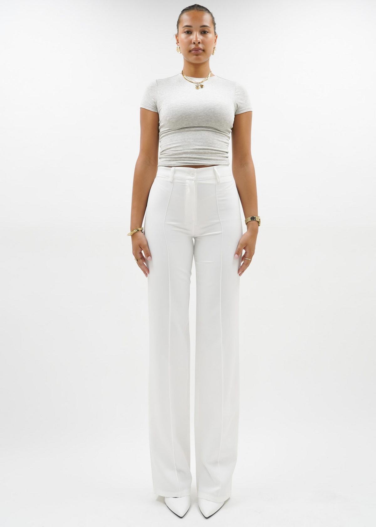 Straight leg pants met pressfold white (tall)