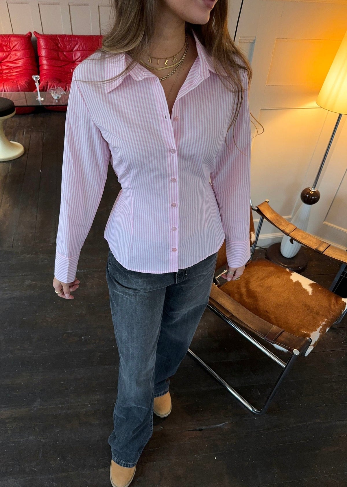 Alberte fitted shirt with stripes - Pink/white stripes