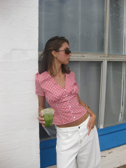 Karen fitted shirt with checkers - Red/white
