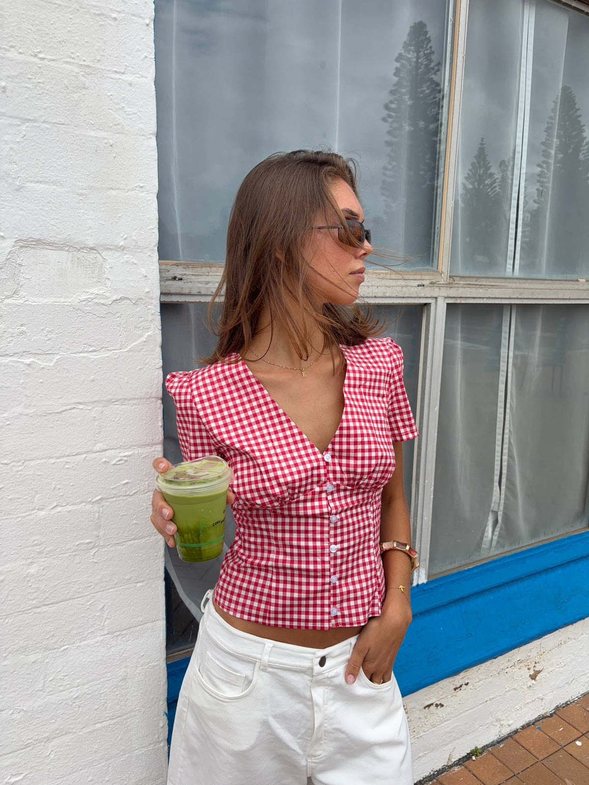 Karen fitted shirt with checkers - Red/white