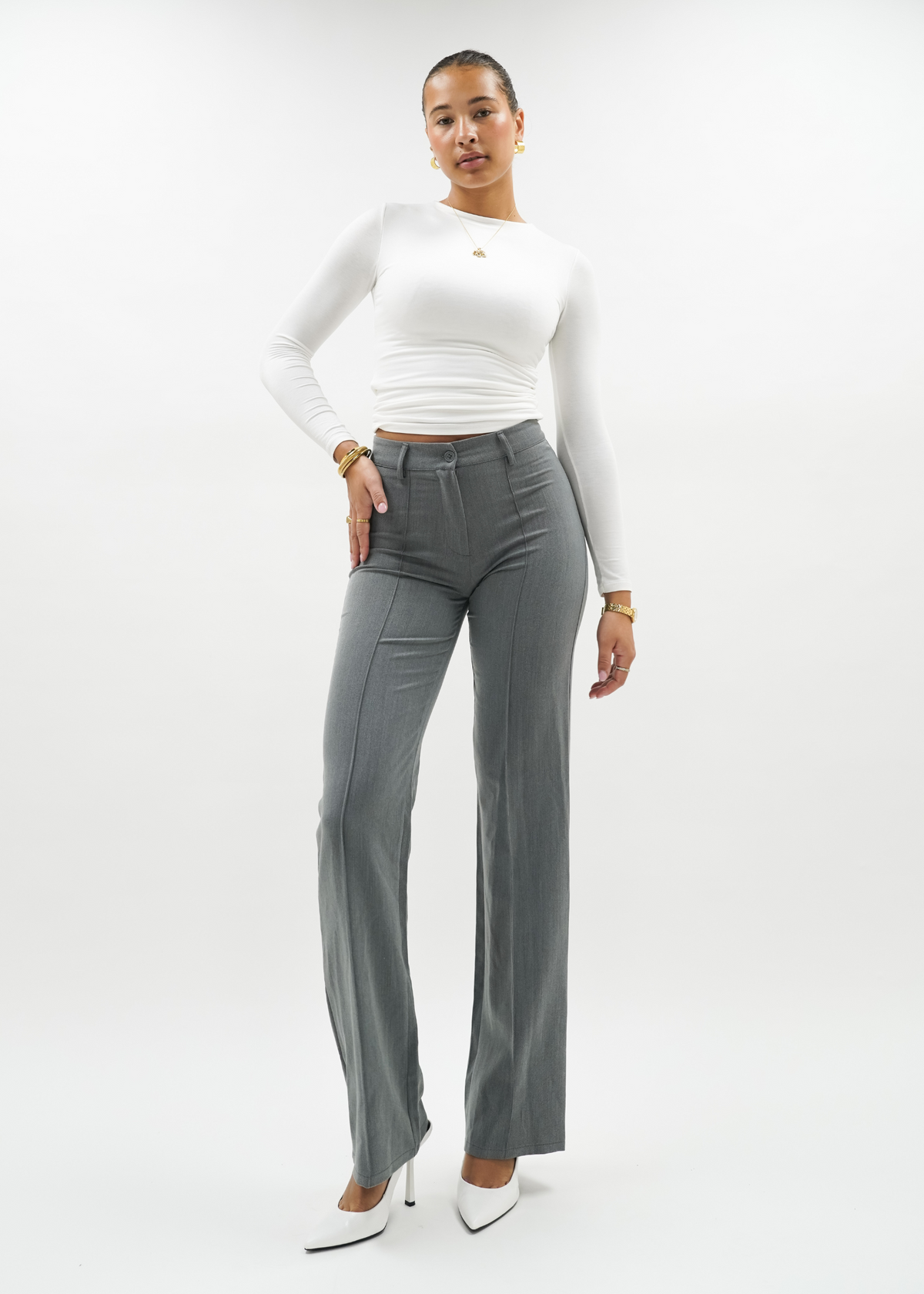 Straight leg pants met pressfold light washed grey (tall)