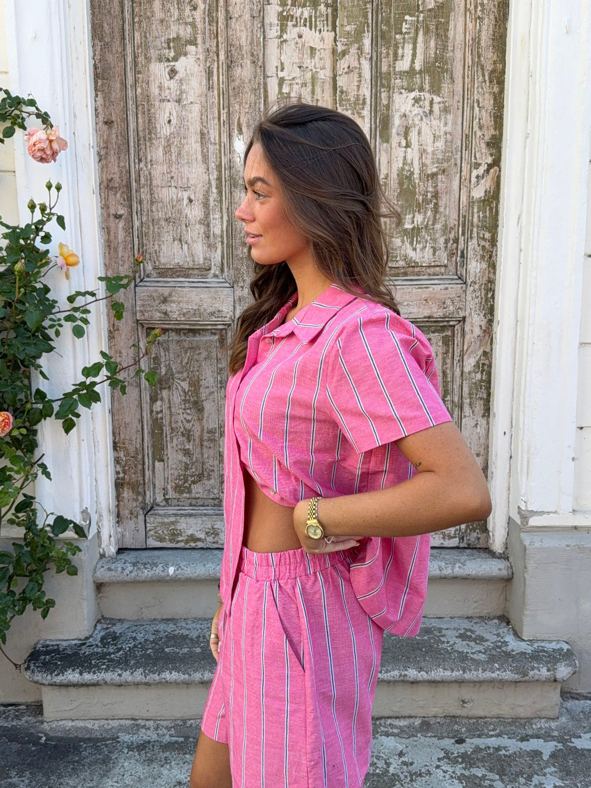Luliana short sleeved shirt with stripes – Pink/white/black