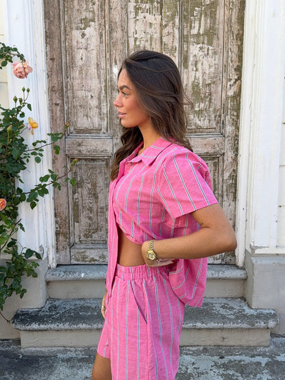 Luliana short sleeved shirt with stripes – Pink/white/black