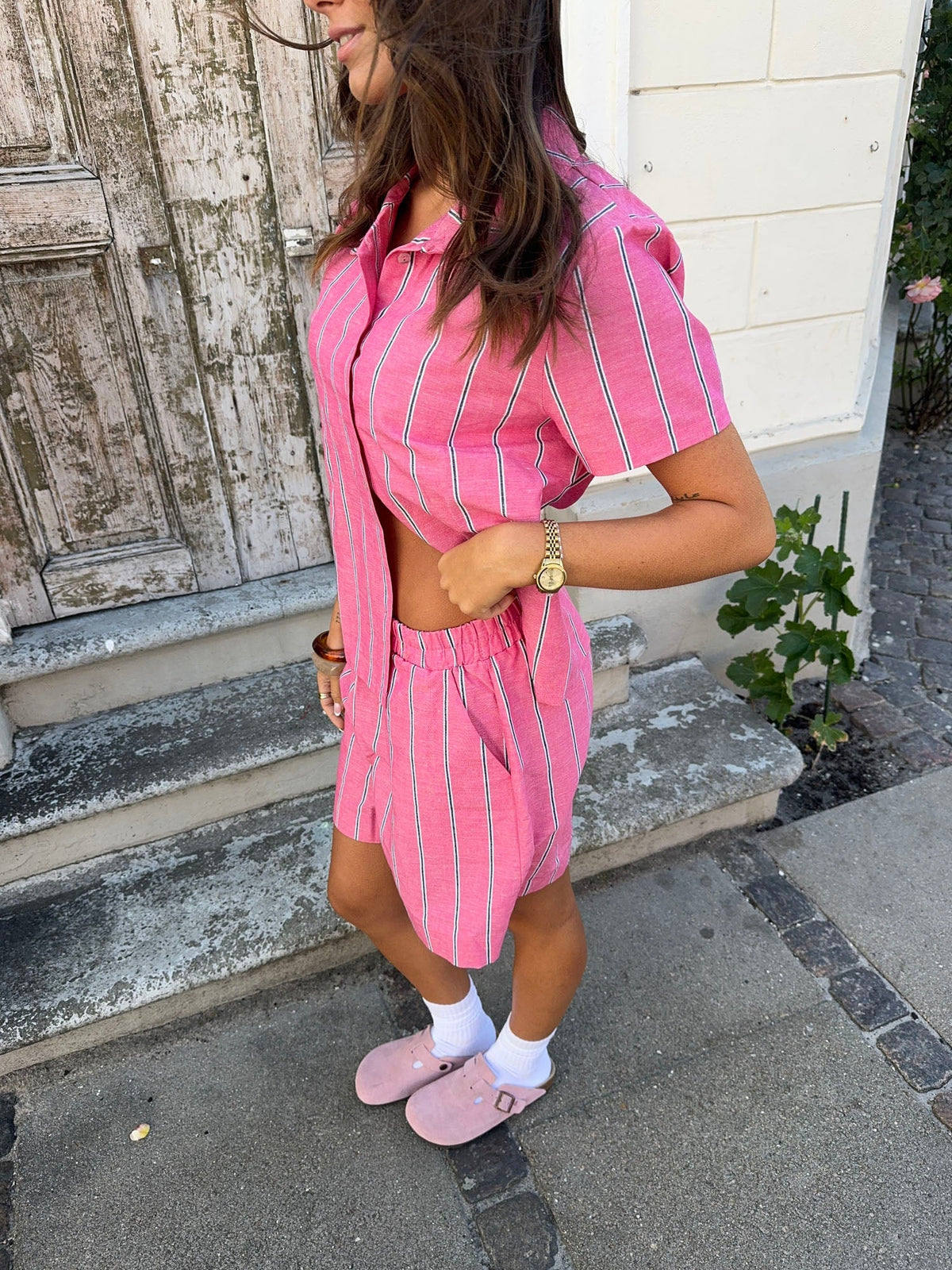 Luliana short sleeved shirt with stripes – Pink/white/black