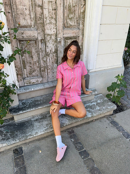 Luliana short sleeved shirt with stripes – Pink/white/black