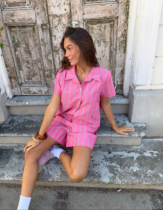Luliana short sleeved shirt with stripes – Pink/white/black
