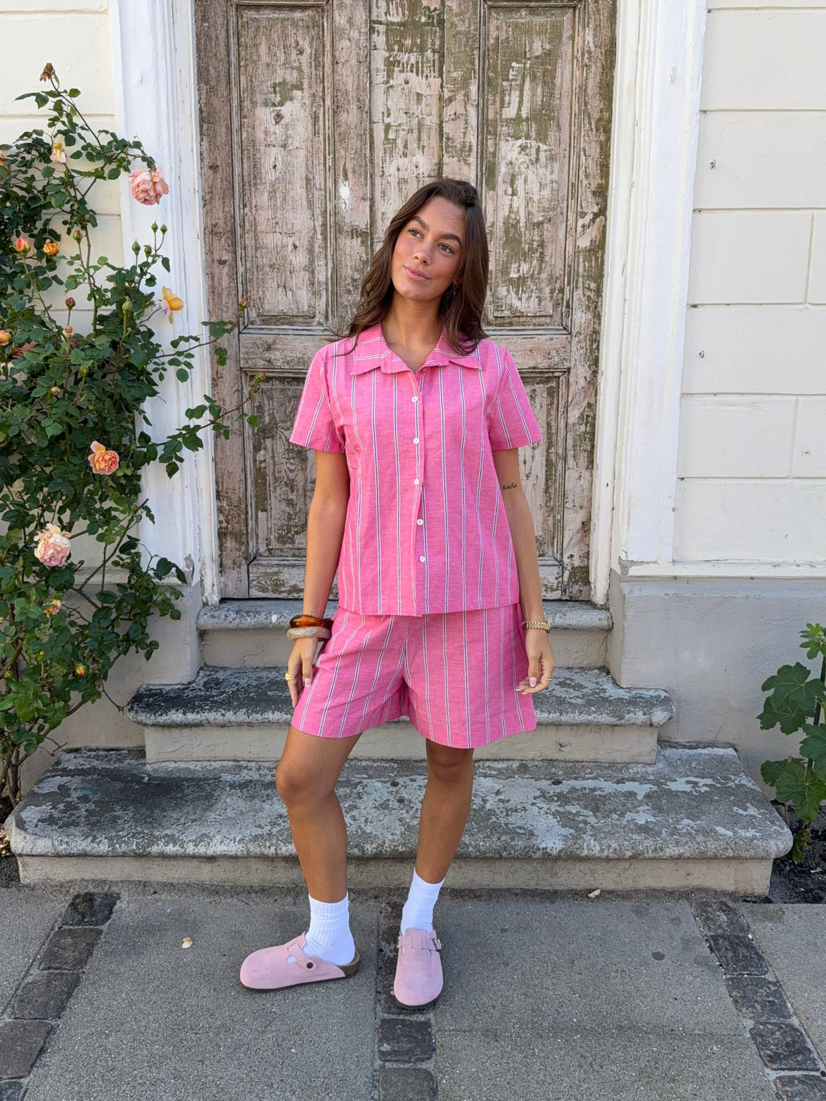 Luliana short sleeved shirt with stripes – Pink/white/black