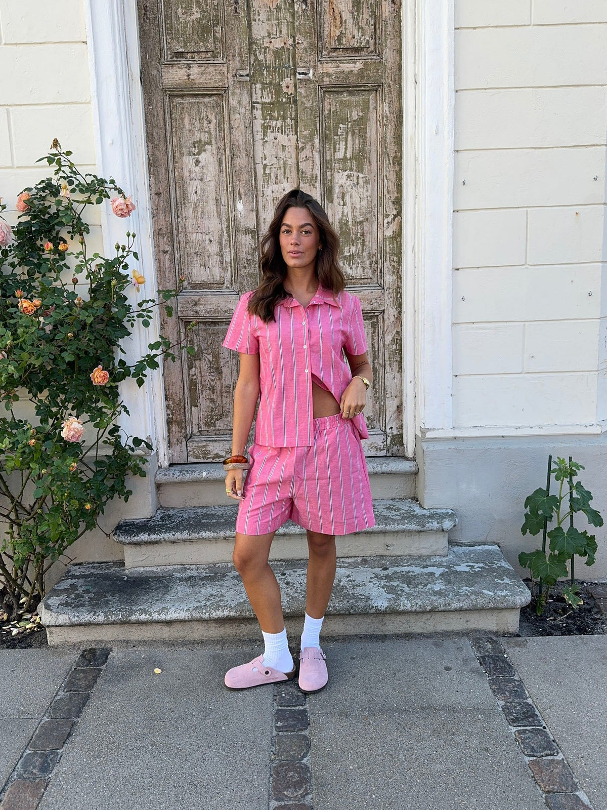 Luliana short sleeved shirt with stripes – Pink/white/black