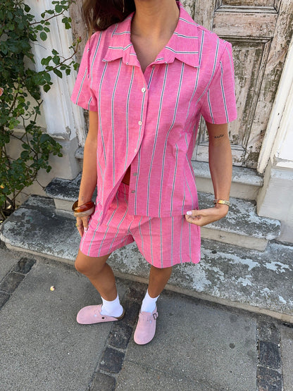 Luliana short sleeved shirt with stripes – Pink/white/black