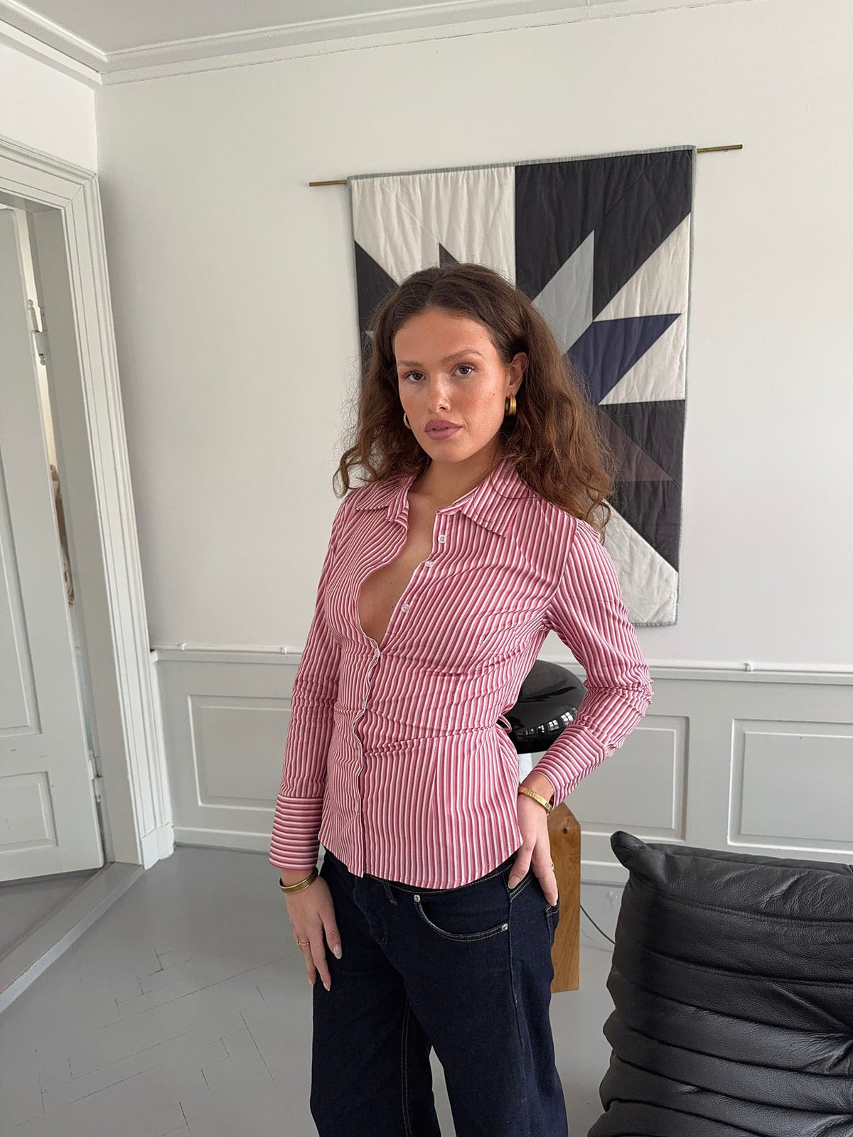 Alberte fitted shirt with stripes - Pink/white