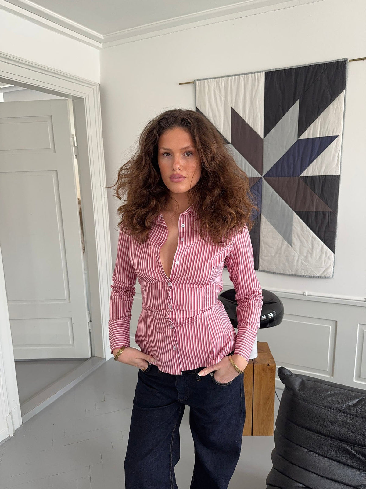 Alberte fitted shirt with stripes - Pink/white
