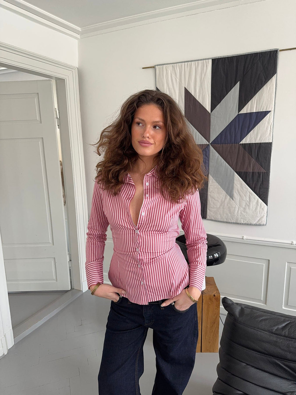 Alberte fitted shirt with stripes - Pink/white