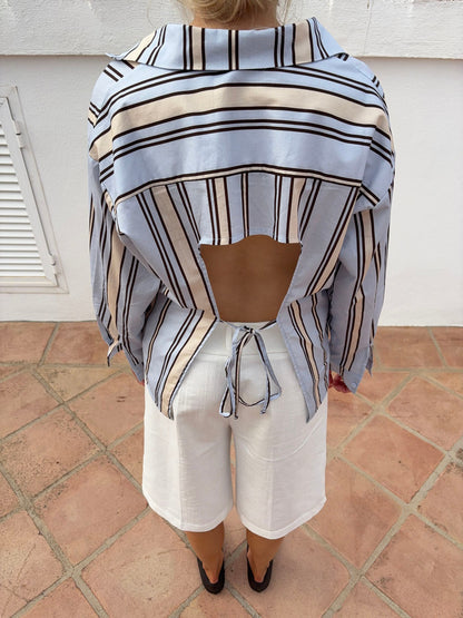 Miki striped shirt with open back - Light blue/beige