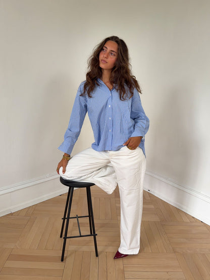 Vicka striped shirt with open back - Light blue/white