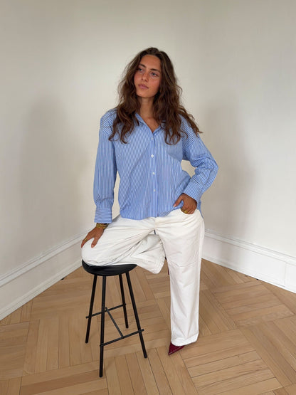 Vicka striped shirt with open back - Light blue/white