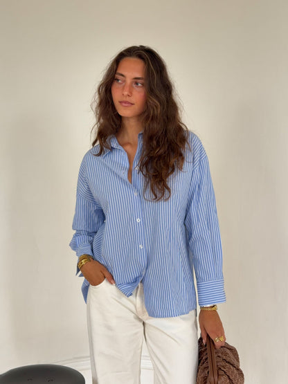 Vicka striped shirt with open back - Light blue/white
