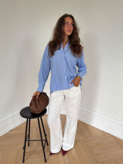 Vicka striped shirt with open back - Light blue/white