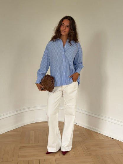 Vicka striped shirt with open back - Light blue/white