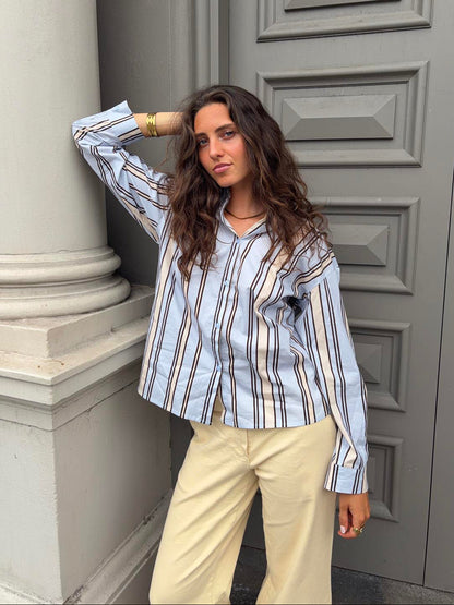 Miki striped shirt with open back - Light blue/beige