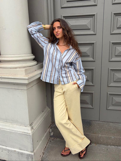 Miki striped shirt with open back - Light blue/beige