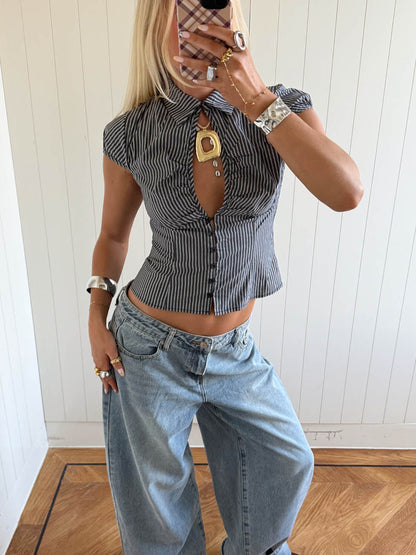 Scandivv striped shirt with cut out - Grey/white
